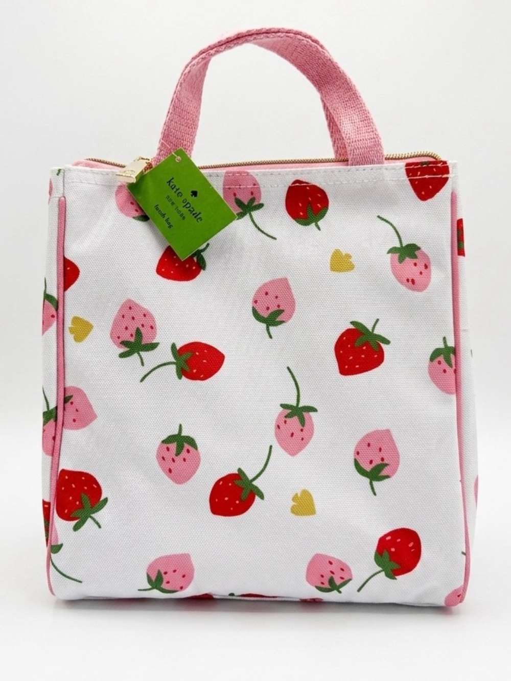 Kate Spade White Lunch Bag with Pink & Red Strawberry Print with Spades NWT